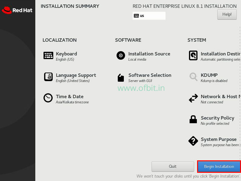 RHEL 8 Installation Select Begin Installation Ofbit