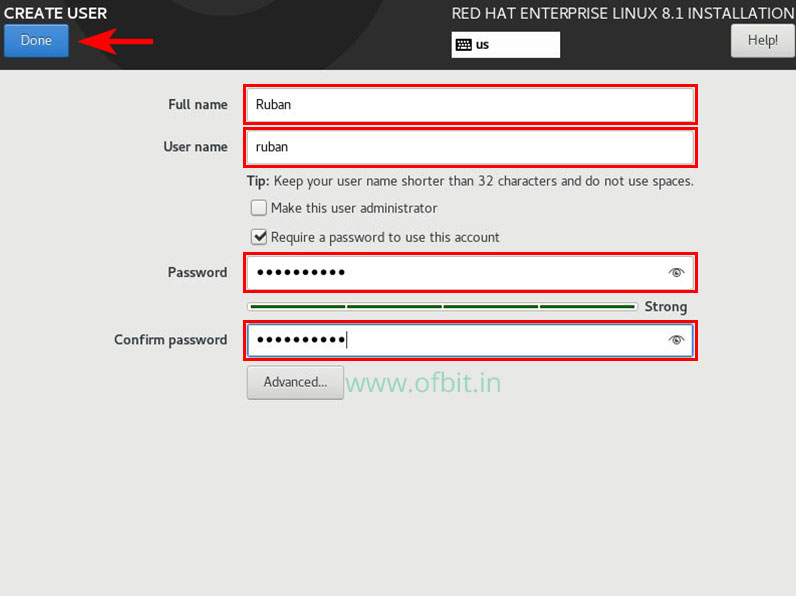 RHEL8 Installation User Creation Ofbit.in