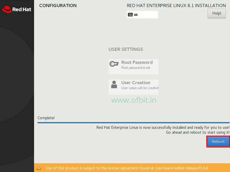 RHEL 8 Installation Installation Completed Ofbit.in