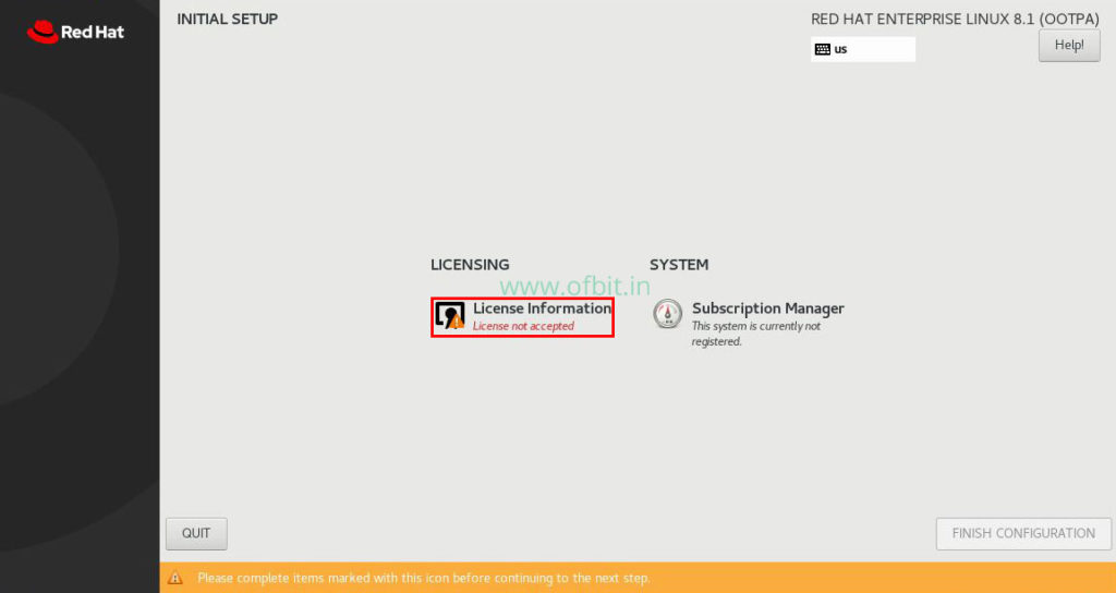 RHEL8 Installation Accept Licence Information Ofbit