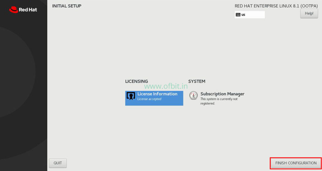 RHEL8 Installation FINISH CONFIGURATION Ofbit