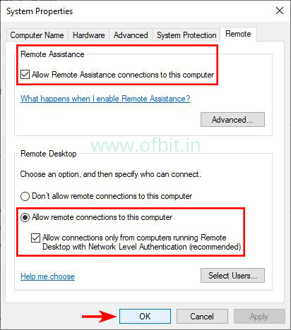 Enable RDP-Allow Remote Connections-Ofbit.in