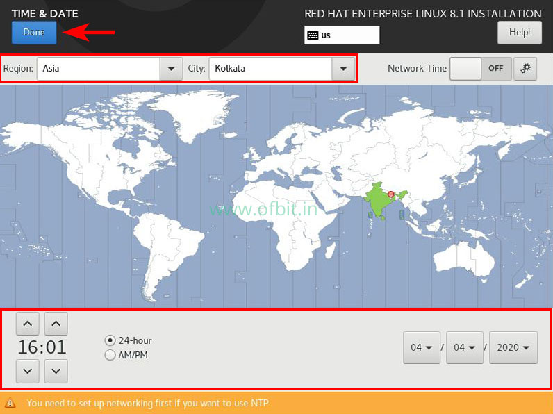 RHEL 8 Installation Configure Date & Time Ofbit.in