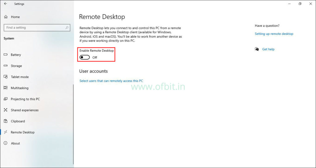 Enable Remote Desktop-RDP-Ofbit