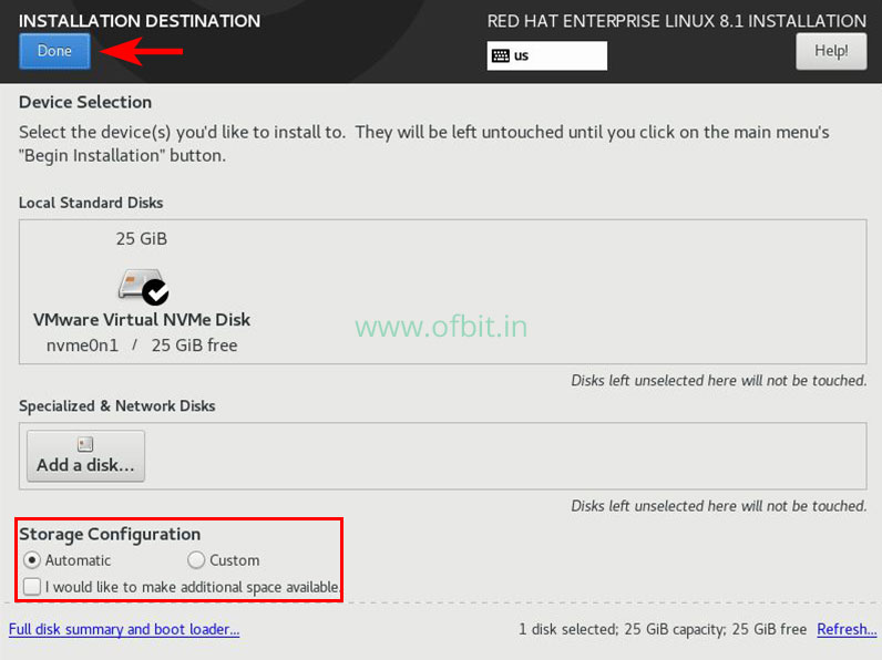 RHEL8 Installation Select Storage and Configure Partition Ofbit.in