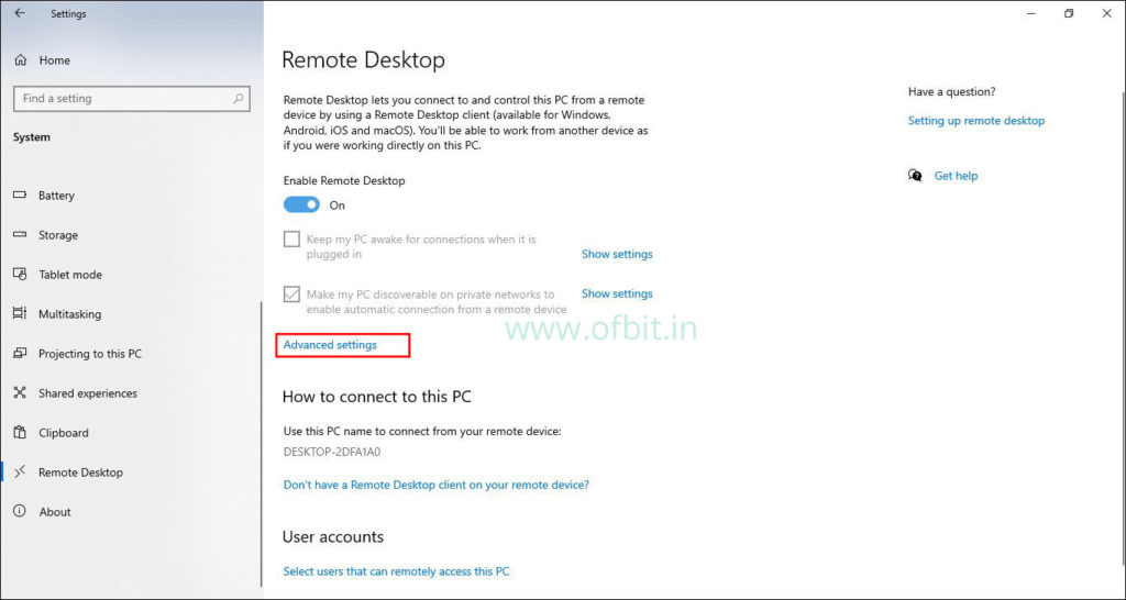 Enable Remote Desktop Advanced Settings-Ofbit
