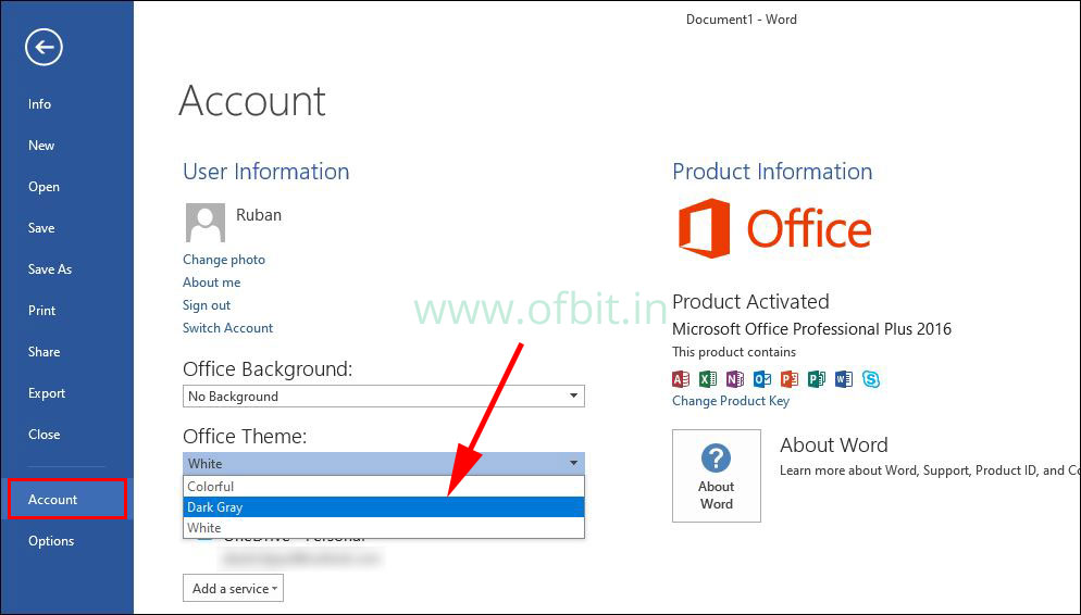 Microsoft Office Dark Mode-Select Account-OFBIT