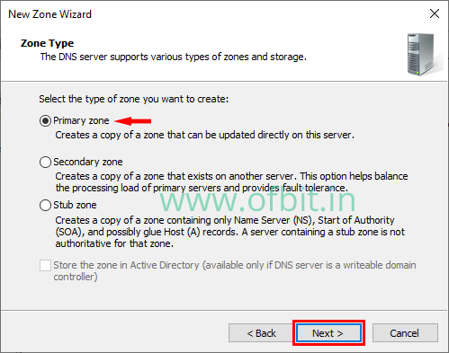 Configure DNS Server-Select Primary DNS Zone-OFBIT.in