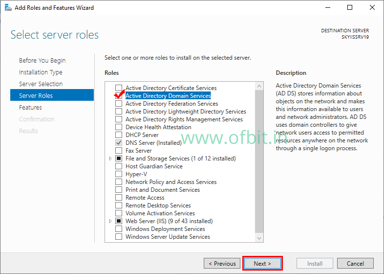Install Active Directory-Select Active Directory-Domain Services-OFBIT