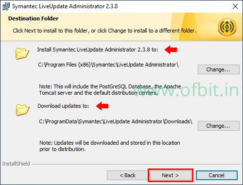 Install Symantec LiveUpdate Administrator-Select the Destination Folder-Ofbit