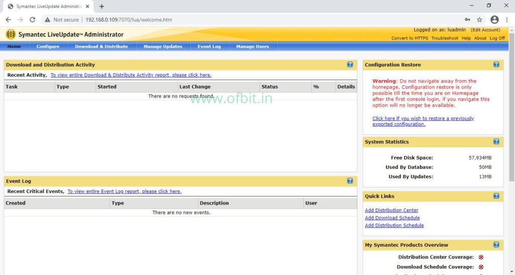 LiveUpdate Administrator Console Homepage-Ofbit.in