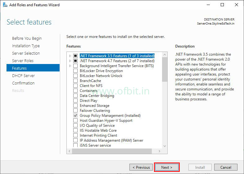 Install DHCP Server-Add Features-Ofbit.in