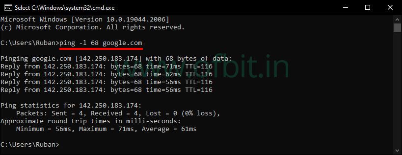 Setting the Echo Packet Size Ping-l Ofbit.in